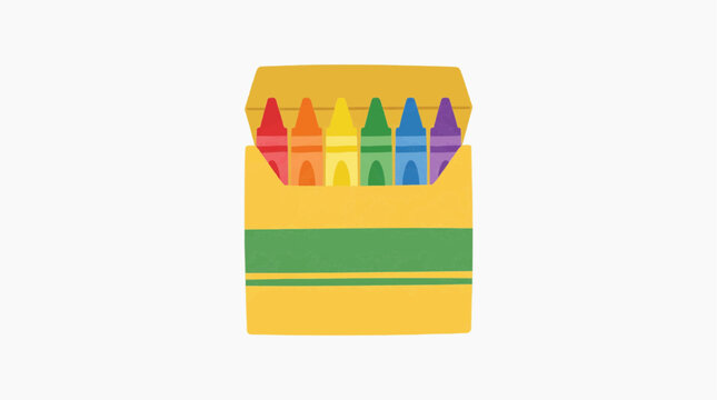 A box of rainbow colored crayons with a green stripe on a white background