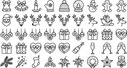 Christmas and New Year holiday celebration icon set with Santa reindeer gifts thin line vector elements. © Utpal