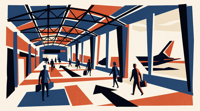 busy airport concourse with low sun shining and strong shadows. Graphic poster style illustration&Iacute;
