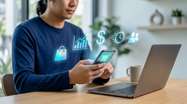 Professional using mobile banking app with laptop at wooden desk