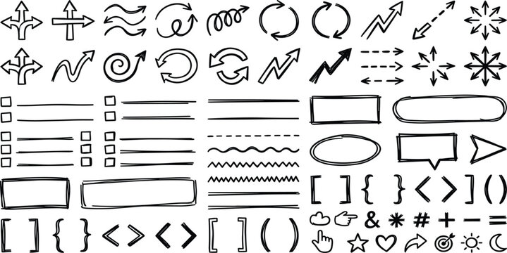 Hand drawn doodle design elements set with arrows borders frames checkboxes and brackets line vector illustration