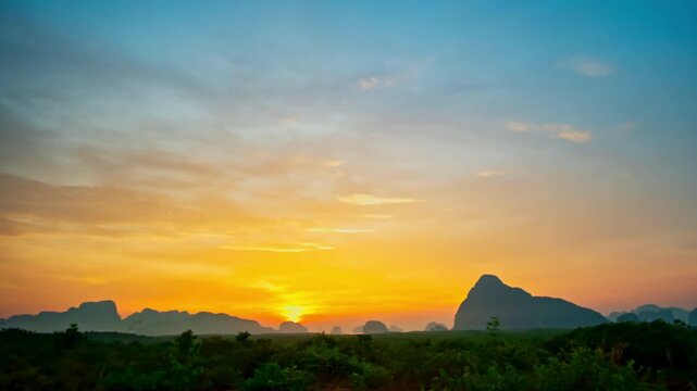 Time lapse Amazing light of nature cloudscape sky above Samed Nang Chee islands in Phang Nga.
Imagine a fantasy bright red sky at sunrise.
tropical landscape background.fantasy red clouds in sunrise