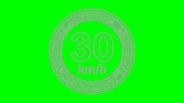 Hand drawn 30 kmh speed limit traffic sign animation featuring black fill lines with a flashing white light effect isolated on a green screen chroma key background