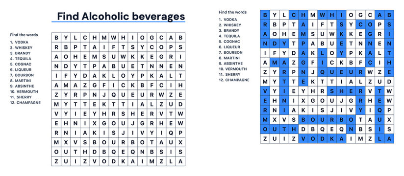 Alcoholic drinks and beverages word search puzzle game. Vector vocabulary educational worksheet with answer key grid. Find the words riddle, activity page learn English
