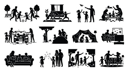 Obraz premium Set of silhouettes showing happy family activities and daily life moments at home and outdoors