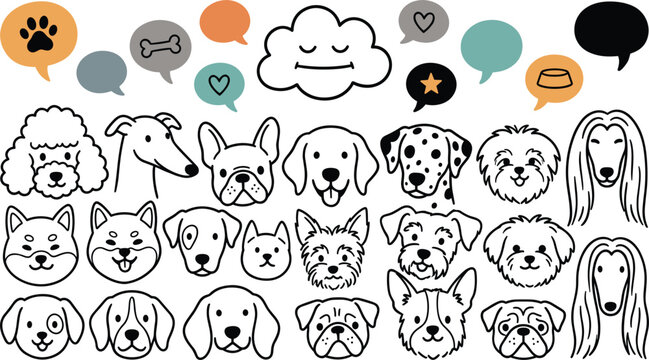 Dog breed faces avatar line icon set with speech bubbles cartoon pet vector illustration element.
