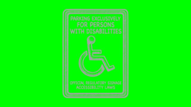 disability parking sign featuring the international wheelchair symbol animates with a dynamic white flicker and glow effect, revealing itself on a green screen for versatile compositing