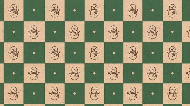Festive pattern featuring cute smiling snowmen icons arranged on a grid of alternating green and light brown textured paper squares