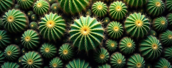 Fototapeta premium Dense green cactus plants close up with sharp spines. Various sizes form a natural, organic pattern for backgrounds. Rich desert flora displays detailed textures and vibrant color.