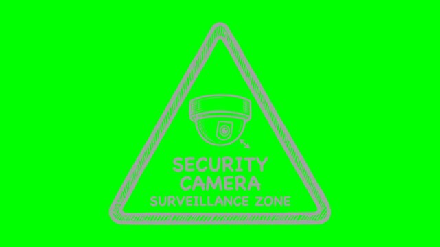 hand drawn security camera surveillance zone warning sign animation featuring flashing white illumination over a green screen chroma key background