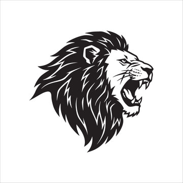 High contrast black and white graphic stencil of a roaring lion head profile