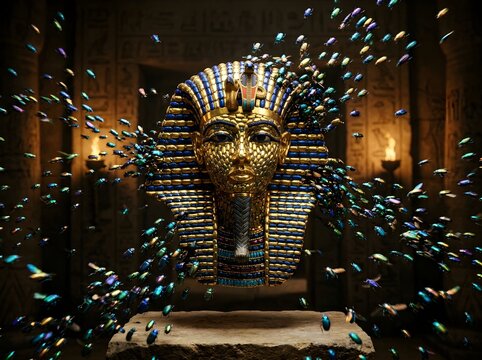 A statue of an egyptian god with a gold head and blue eyes and a gold headdre with a gold crown
