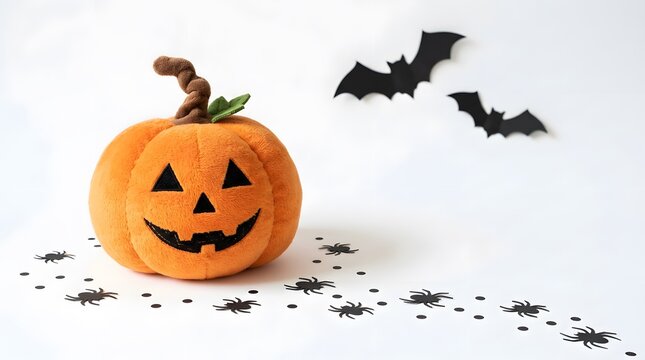 Halloween plush pumpkin decoration with bat and spider cutouts
