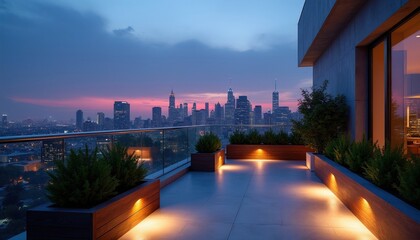 Fototapeta premium Modern rooftop terrace overlooks city skyline at twilight with ambient lighting and manicured plants. Elevated view of metropolitan area at dusk offers urban elegance and peaceful relaxation.