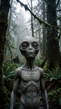 An alien figure with large dark eyes and grey skin stands in a misty, moss-covered forest, looking directly at the camera with an unreadable expression.
