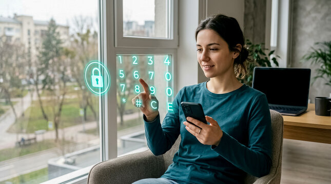 Woman using smartphone with virtual numeric keypad overlay