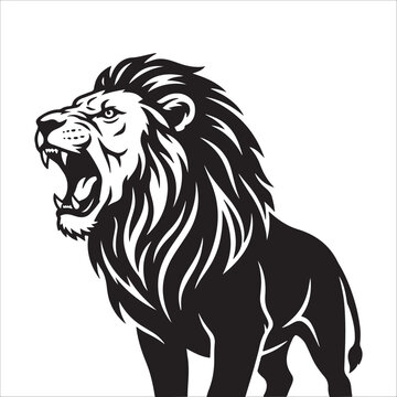 High contrast black and white graphic stencil of a roaring lion head profile