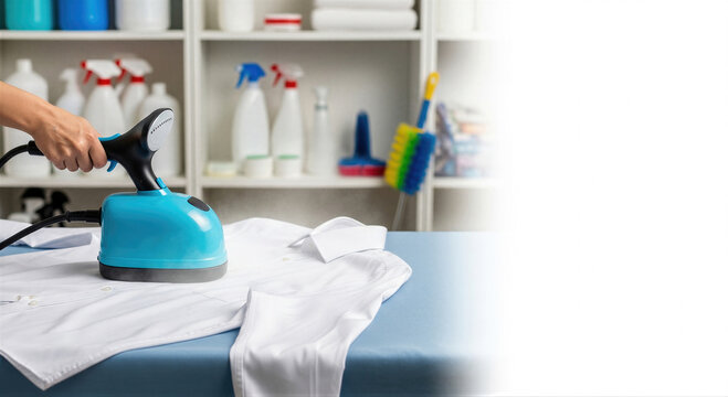 Woman using handheld garment steamer to iron white shirt on table. Professional dry cleaning service for clothing maintenance. Domestic laundry chores and textile care equipment.