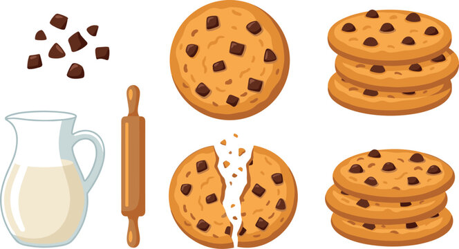 Chocolate chip cookies vector illustration set with crispy biscuits broken pieces stack milk jug rolling pin and chocolate chunks isolated on white background