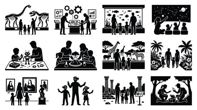 Set of black silhouette icons of family and children visiting educational places and museums