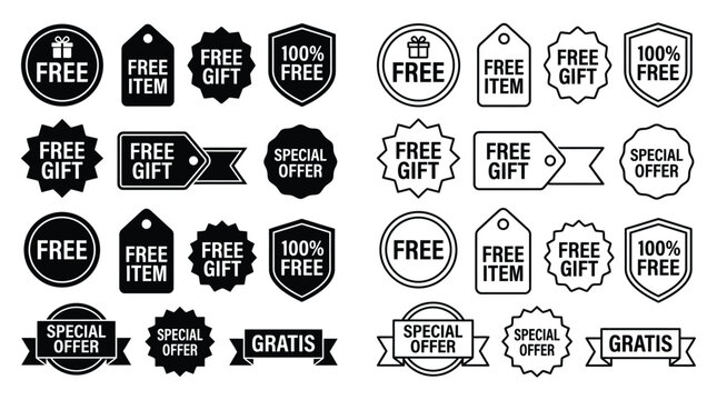 Collection Of Black And White Promotional Label Icons With Text