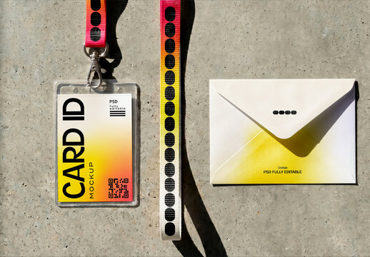 ID Card Badge with Lanyard and Envelope Mockup