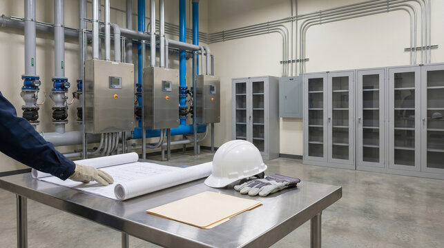 Municipal Utility Room Renovation With Plans, Safety Gear, Clean Service