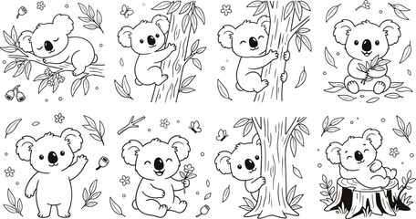Obraz premium Cute Koala Illustrations in Various Poses with Trees, Leaves, and Forest Elements for Coloring and Wildlife Design