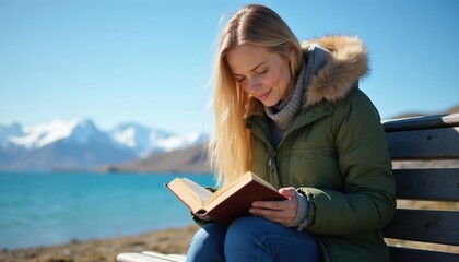 Fototapeta premium Young woman reads book on bench near calm turquoise lake and snowy mountains. She wears a warm green coat and enjoys peaceful outdoor leisure time on a bright sunny day.