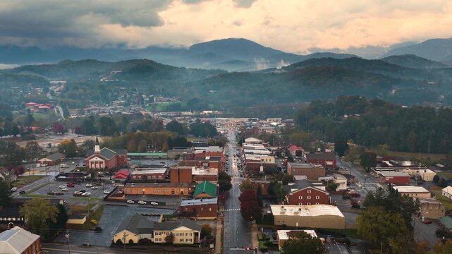 Franklin, scenic mountain town in North Carolina. Evening view of tourist travel destination in Appalachian region.