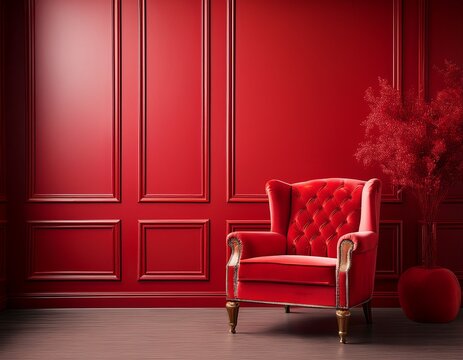 a bold and vibrant solid red wallpaper fills the frame with a red chair