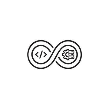 black vector icon showing devops with code and server symbol