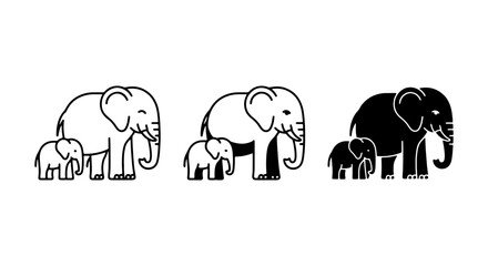 Elephant Family Vector Icons, Cute Baby Elephant with Mother, Simple Outline and Silhouette Graphics © Ontu