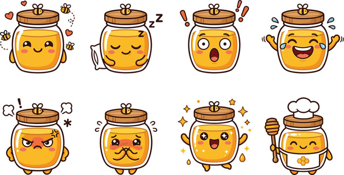 Cute Cartoon Honey Jar Characters with Expressive Faces Including Happy, Angry, Sleepy, and Chef Designs for Sweet Food Art