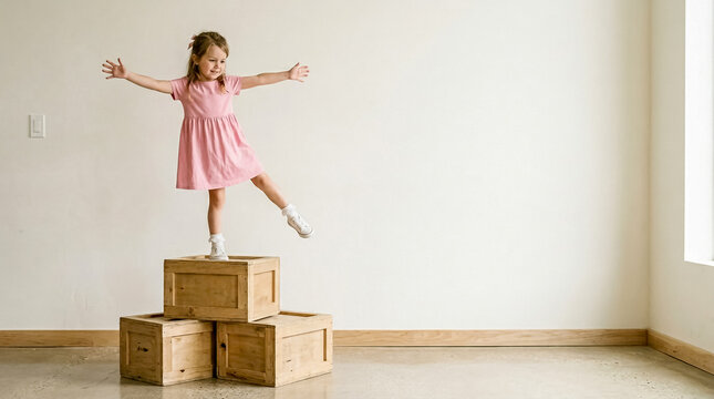 Young girl balancing on stacked cardboard boxes indoors