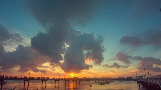 timelapse fishing boats on the beach at Chalong pier in sunrise.
Sunrise with sweet yellow color light rays and other atmospheric effects.
colorful reflection of sunrise in the sea background.