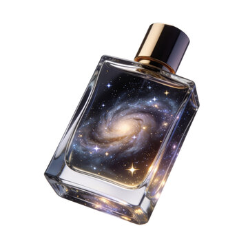 Cosmic galaxy perfume bottle with glowing stars isolated on a clean white background