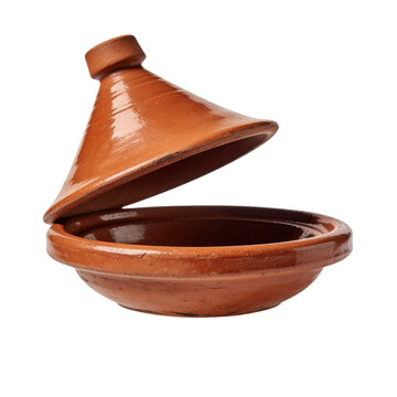 Traditional moroccan clay tagine pot with lid open isolated on white background