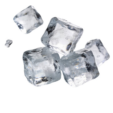 Clear frozen ice cubes floating in mid air isolated on a crisp white background
