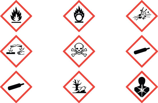 A set of nine ghs hazard pictograms with red diamond borders, representing various chemical and physical safety warning symbols