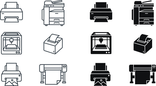 Collection of office printing equipment featuring laser printers, copiers, 3d printers, and large format plotters in sets