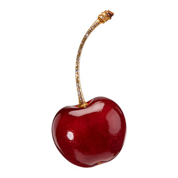 Shiny red cherry with glittering gold stem isolated on a pure white background