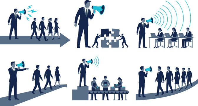 Set of business featuring a boss using a megaphone to communicate with employees, giving orders, and leading a team