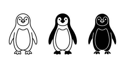 Cute Penguin Icons Set, Simple Vector Graphics for Wildlife and Arctic Themes, Black and White Cartoon Characters © Rebel
