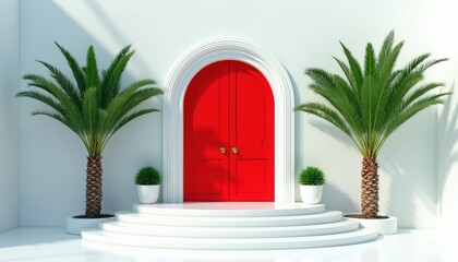 Fototapeta premium Red double doors set in white arched facade flanked by palm trees in pots. White stpic lead to entrance. Clean modern exterior design. Tropical aesthetic.