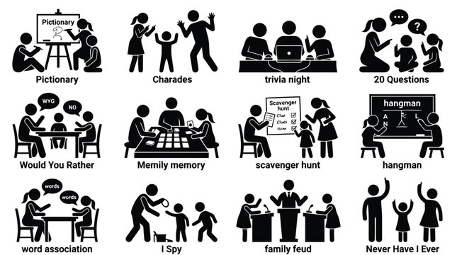Set of black stick figure icons representing various family party games and fun group activities