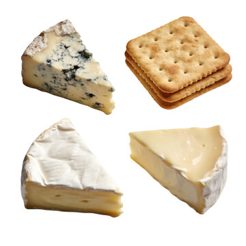 Assorted gourmet cheese wedges and crispy crackers isolated on white background