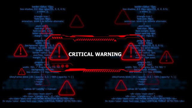 critical warning network alert warning. urgent threat notification concept with glowing red hazard Cybersecurity defense and secure digital systems protection against cyberattacks. 4k video 