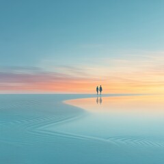 Fototapeta premium Couple silhouettes walking in shallow water reflecting a colorful sunset sky