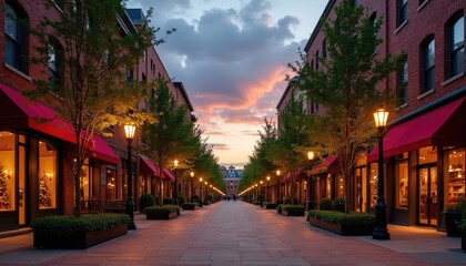 Fototapeta premium Urban street with shops and trees at dusk. Red awnings and lamps light up brick buildings. People walk along paved walkway towards distant architecture.